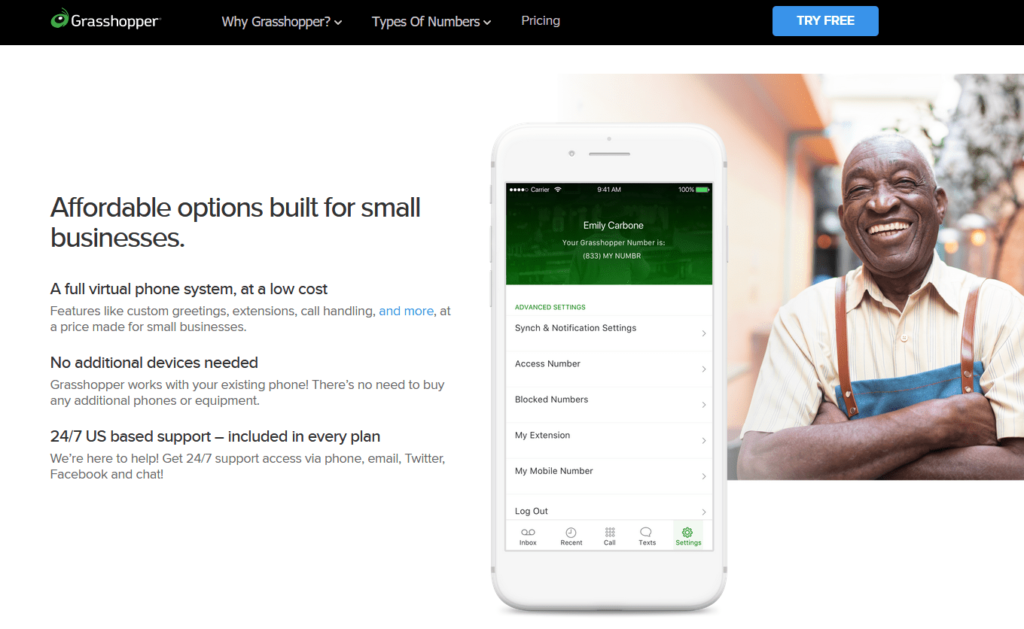 Grasshopper webpage with headline that says "Affordable options built for small businesses"