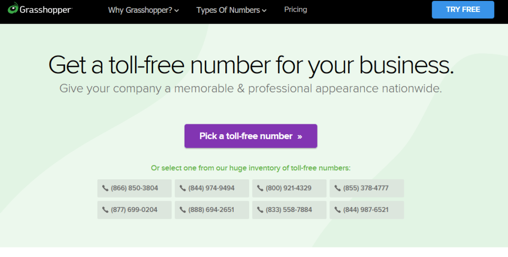 Grasshopper landing page for getting a toll-free number for your business