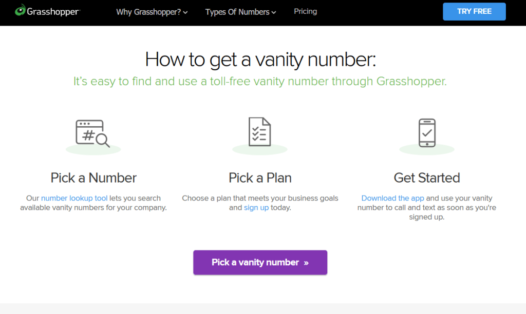 Grasshopper landing page for how to get a vanity number