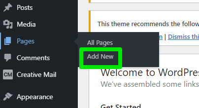 Adding a new page in WordPress example.