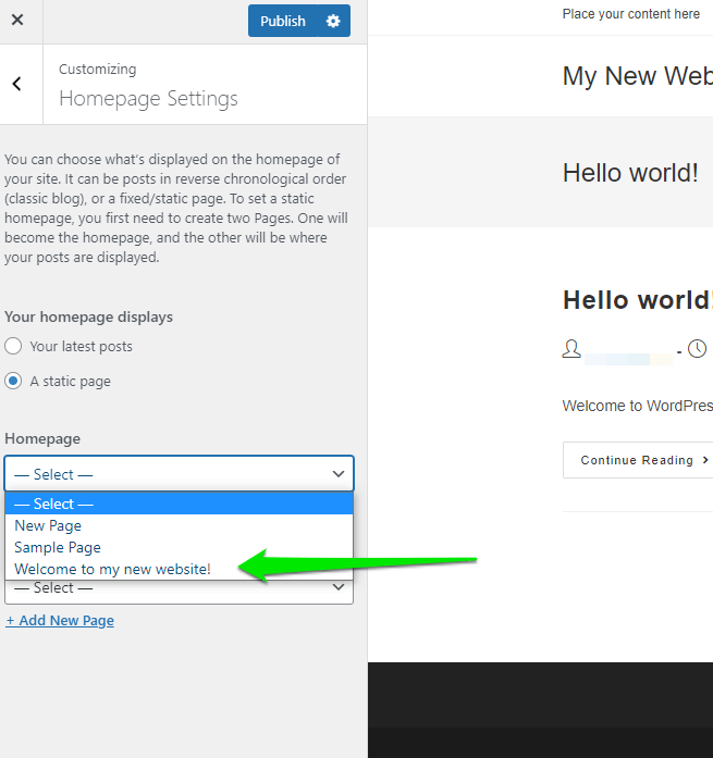 Homepage setting options example.
