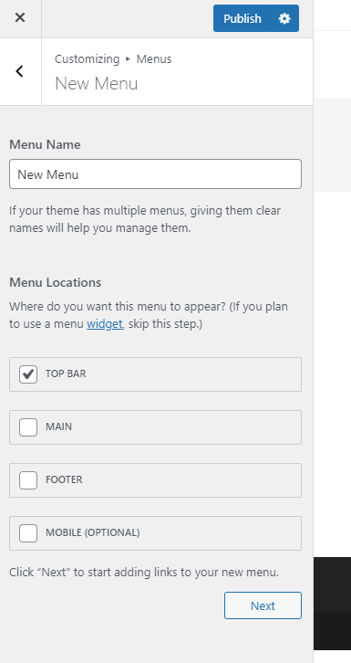 Menu location options example.