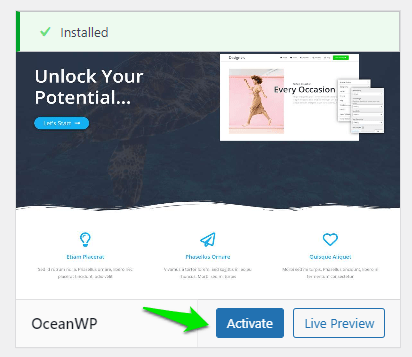 OceanWP activate screen.