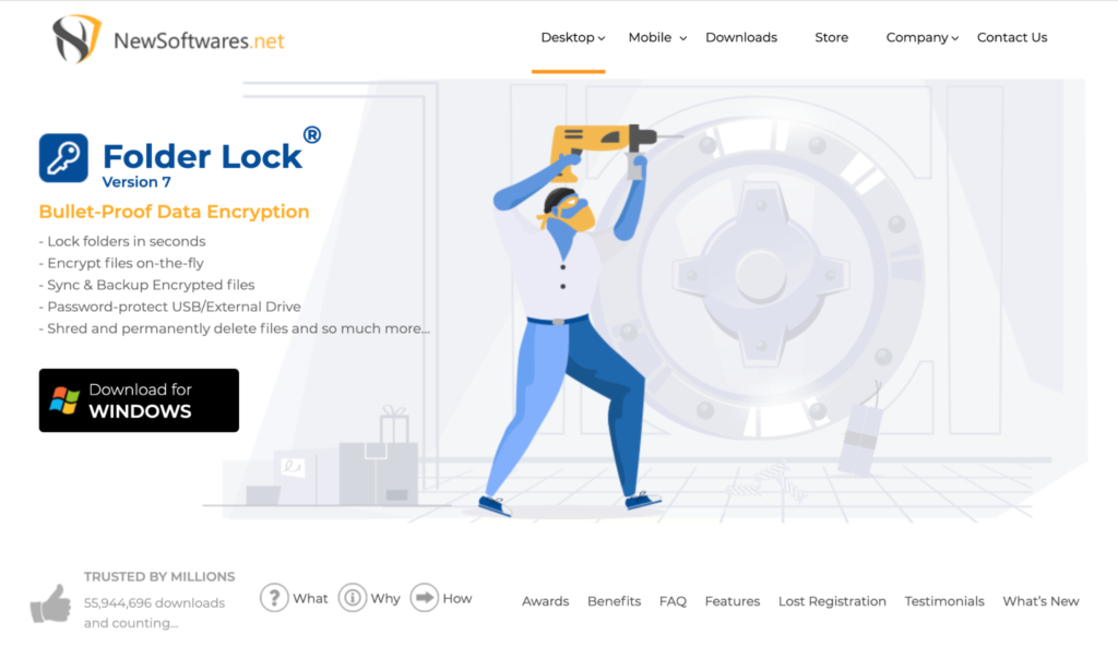 Folder Lock WordPress site backup and encryption software solution homepage.