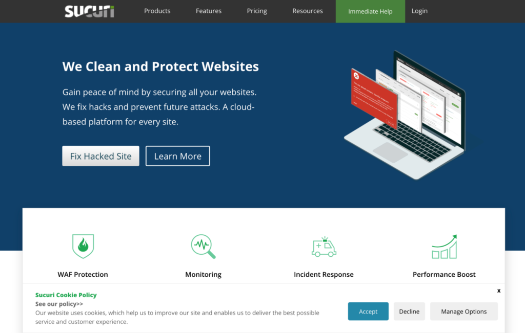 Sucuri website monitoring and security solution homepage.