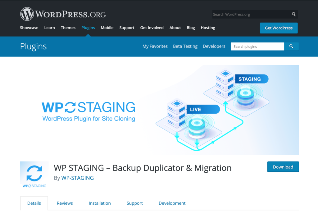 WP Staging by WordPress.org backup duplicator and migration tool download page.