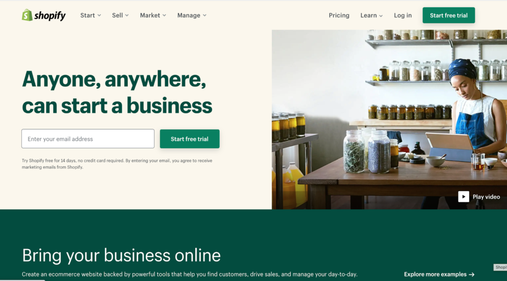 Shopify ecommerce platform homepage.