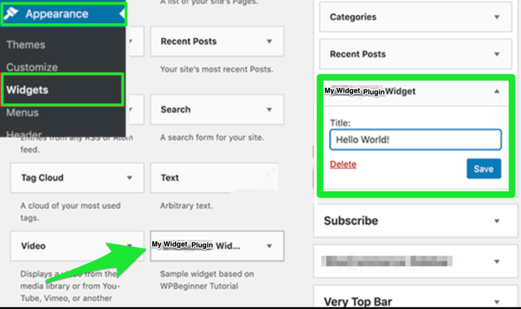 Image explaining how to add the Widget to the Sidebar - On your main WordPress dashboard, go to Appearance and click on Widgets. You’ll see the newly created My Widget Plugin in the list of available widgets. You can drag and drop the widget to a sidebar.