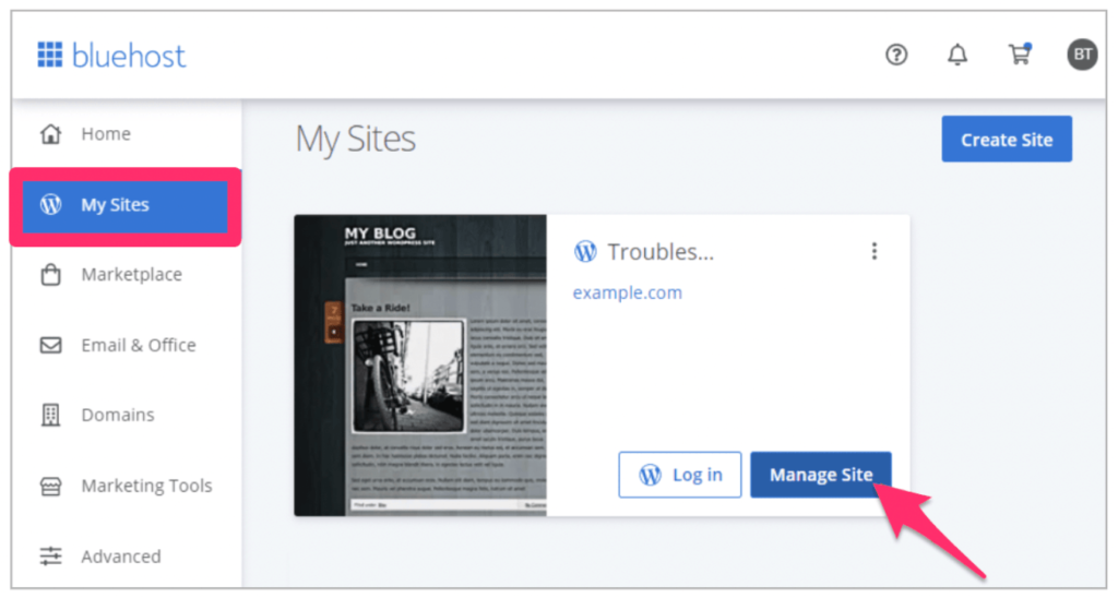 Bluehost dashboard, my sites, and manage sites example.