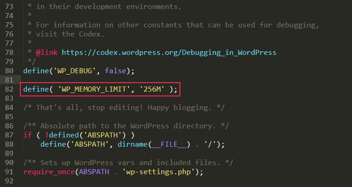 Image of Editing “wp-config.php” File - You can increase the memory limit by editing the “wp-config.php” file. All you have to do is add a single line of code to it: define( 'WP_MEMORY_LIMIT', '256M' )