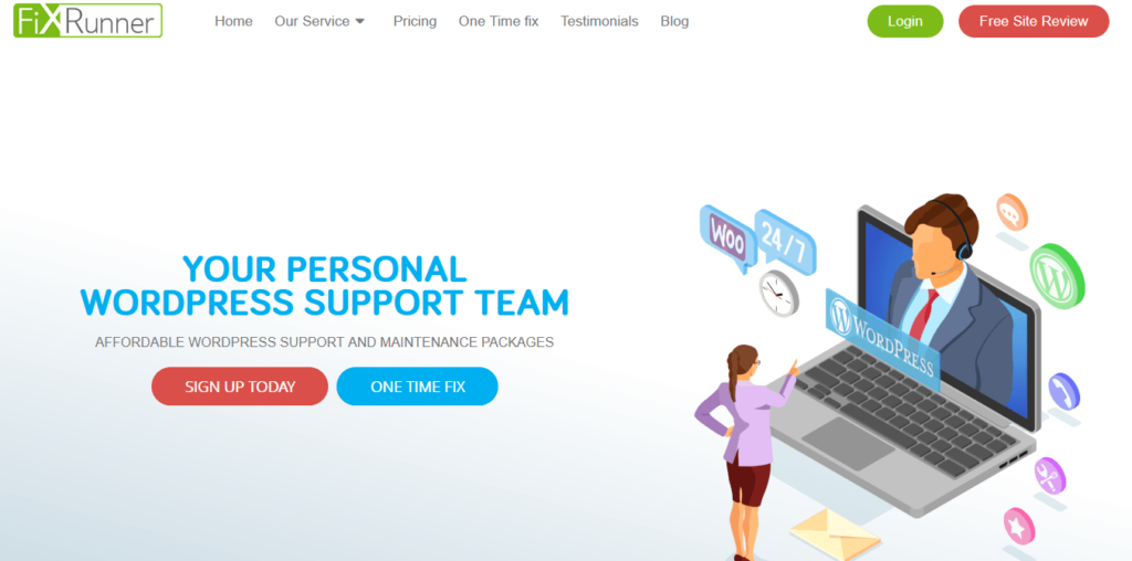 FixRunner WordPress Support team signup homepage.