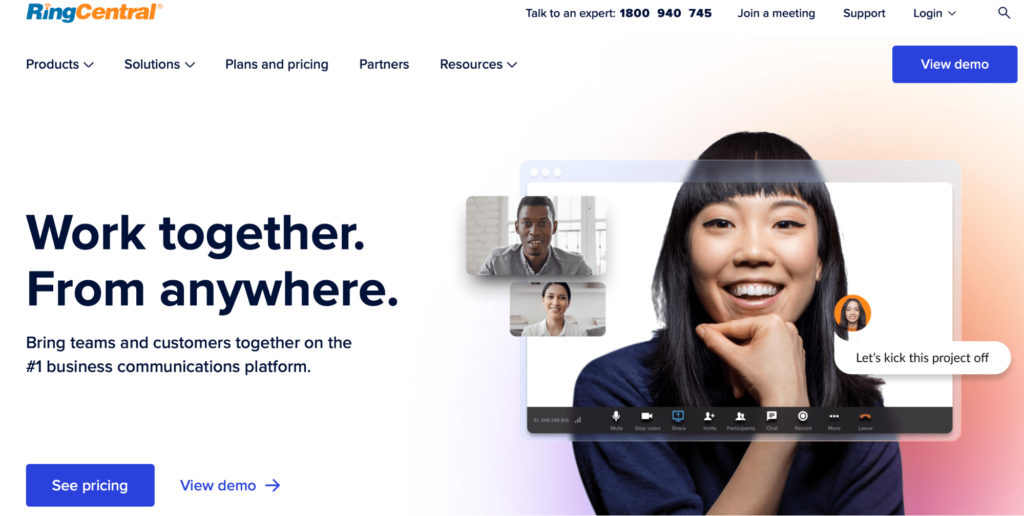 RingCentral VoIP provider that offers both phone and video conferencing online homepage.