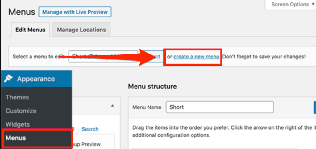 To create a new menu - Appearance tab, and click on the Menu page, click on the Create new menu link located at the upper part of your website.