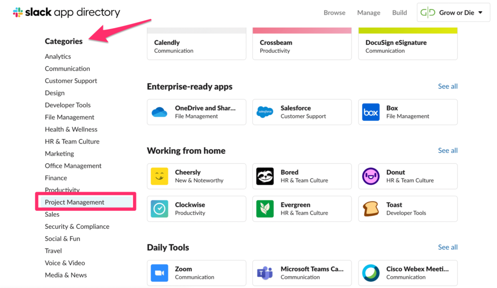 Slack app directory caetgories feature.