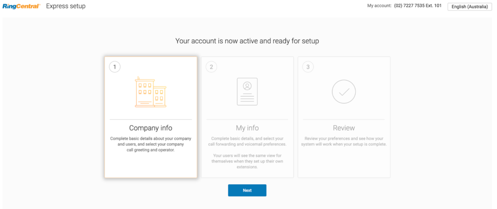 RingCentral Express setup account is now active and ready for setup page.