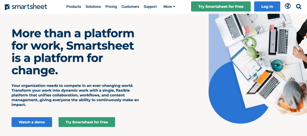 Smartsheet project management and business tools software homepage.