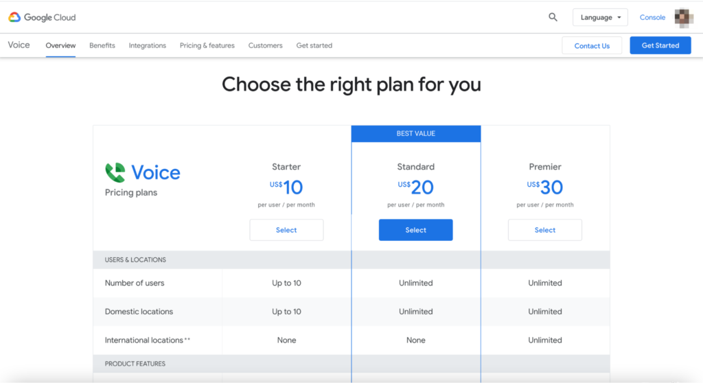 Google Voice pricing plans.