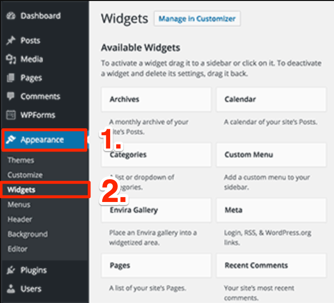 Open the Widgets Page - Click on Appearance followed by Widgets from the side admin menu. From here, you can add a text, image, or a gallery widget to your footer widget area.
