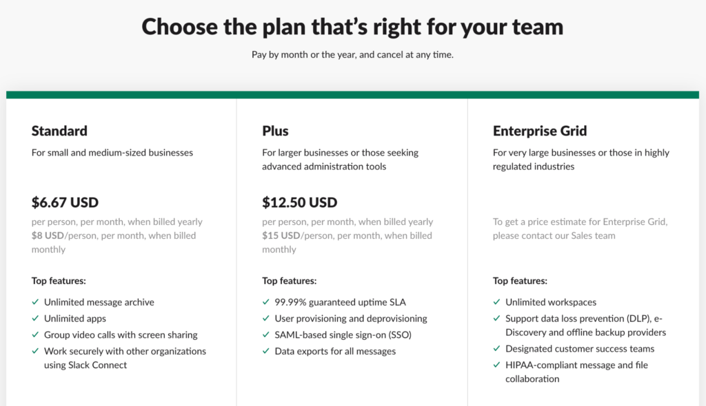 Slack pricing plans and top features.