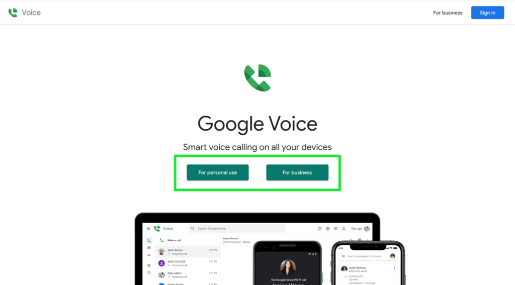 Google Voice voice calling on all your devices page.