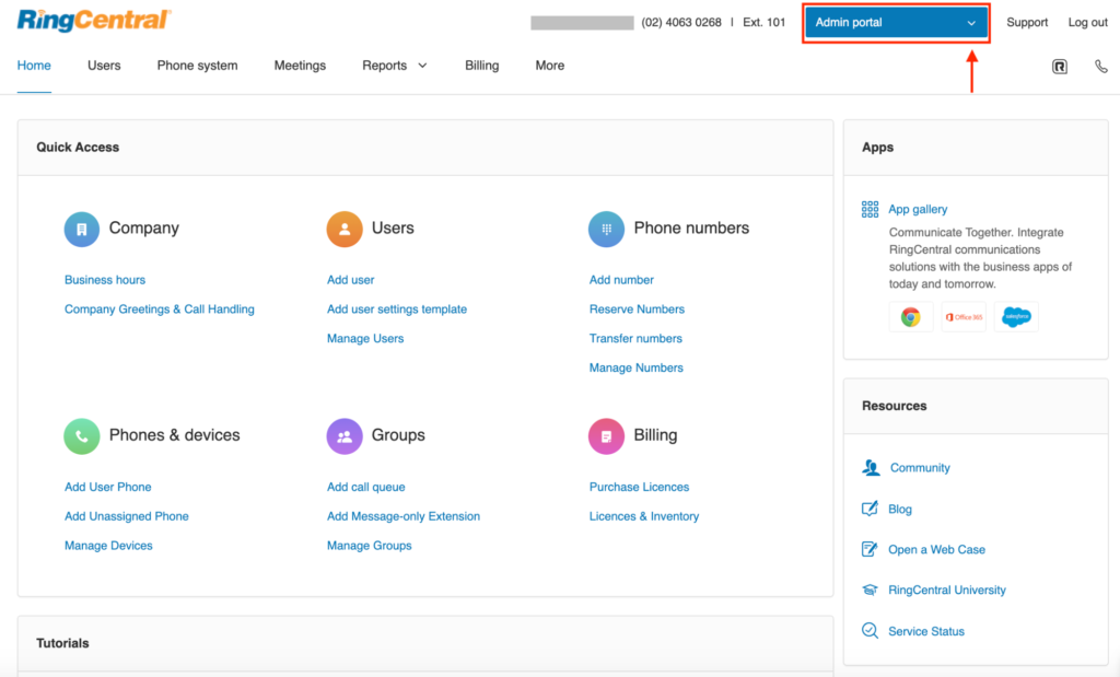 RingCentral admin portal user home page example.