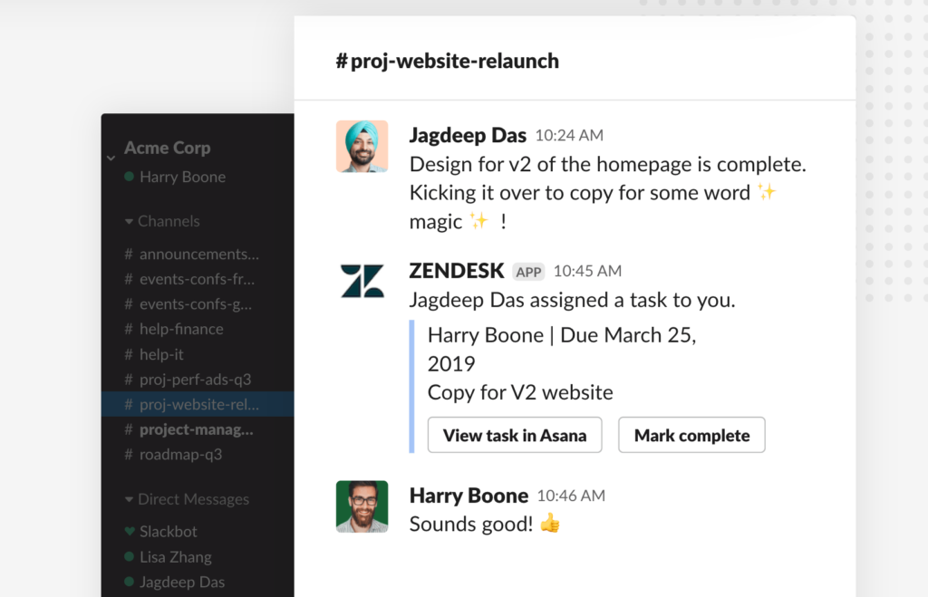 Project management notification example on Slack.