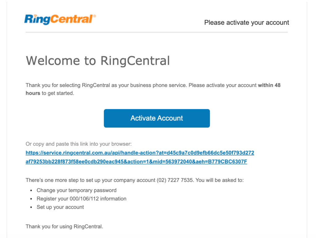 RingCentral welcome to RingCentral activate account example page.