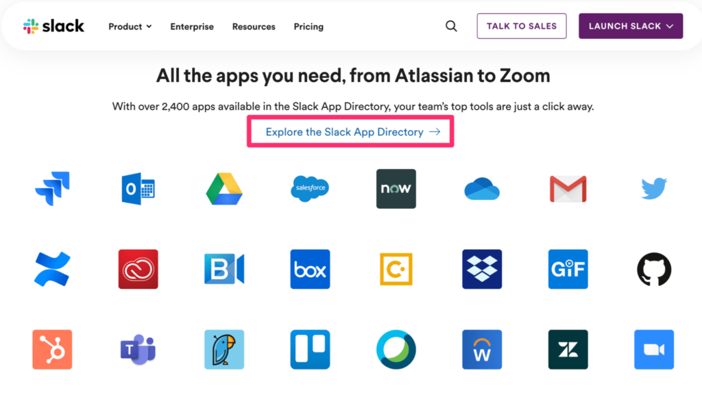 Explore the Slack app directory page.