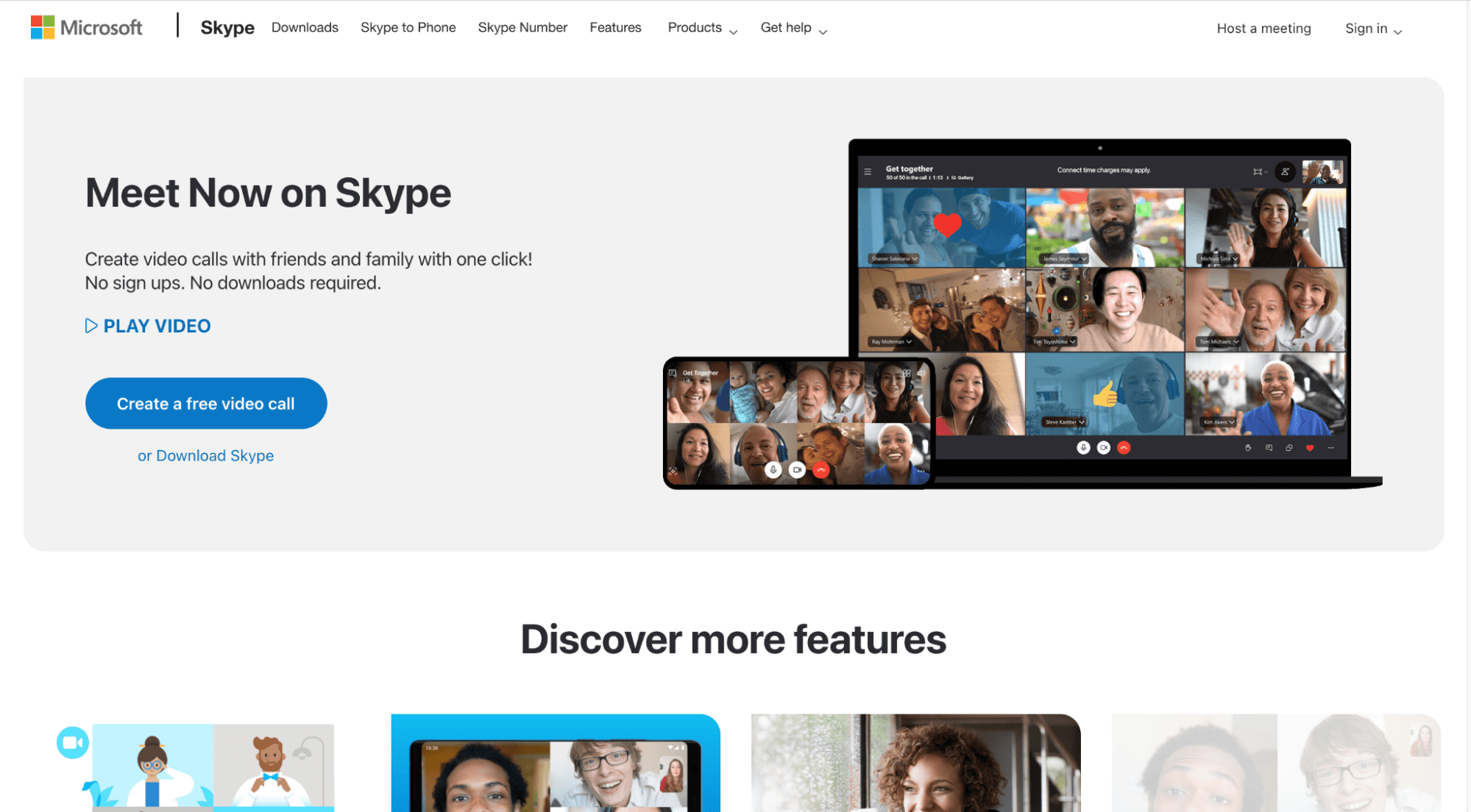 Skype meet now with a video call page.