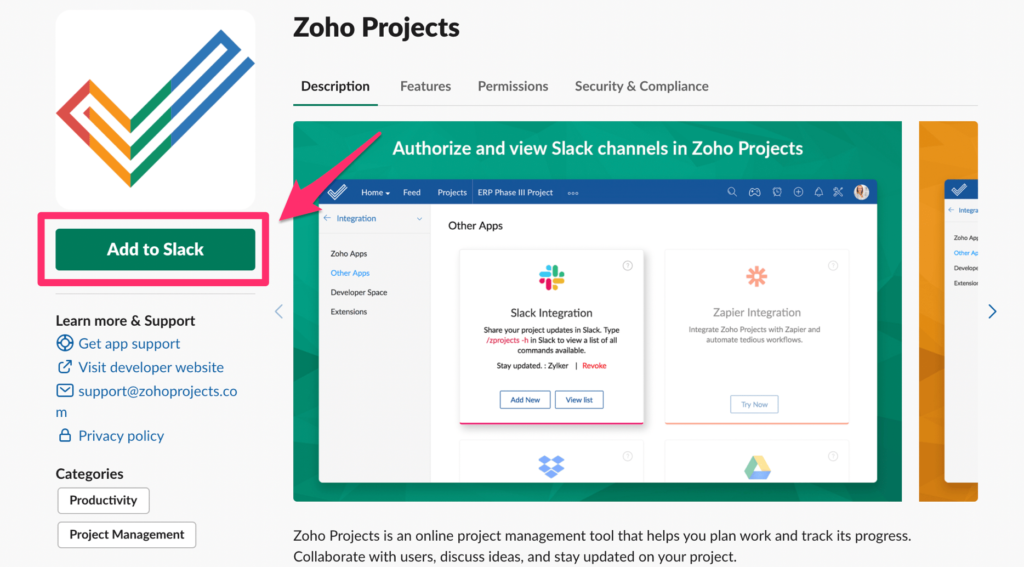 Zoho Projects add to Slack feature.