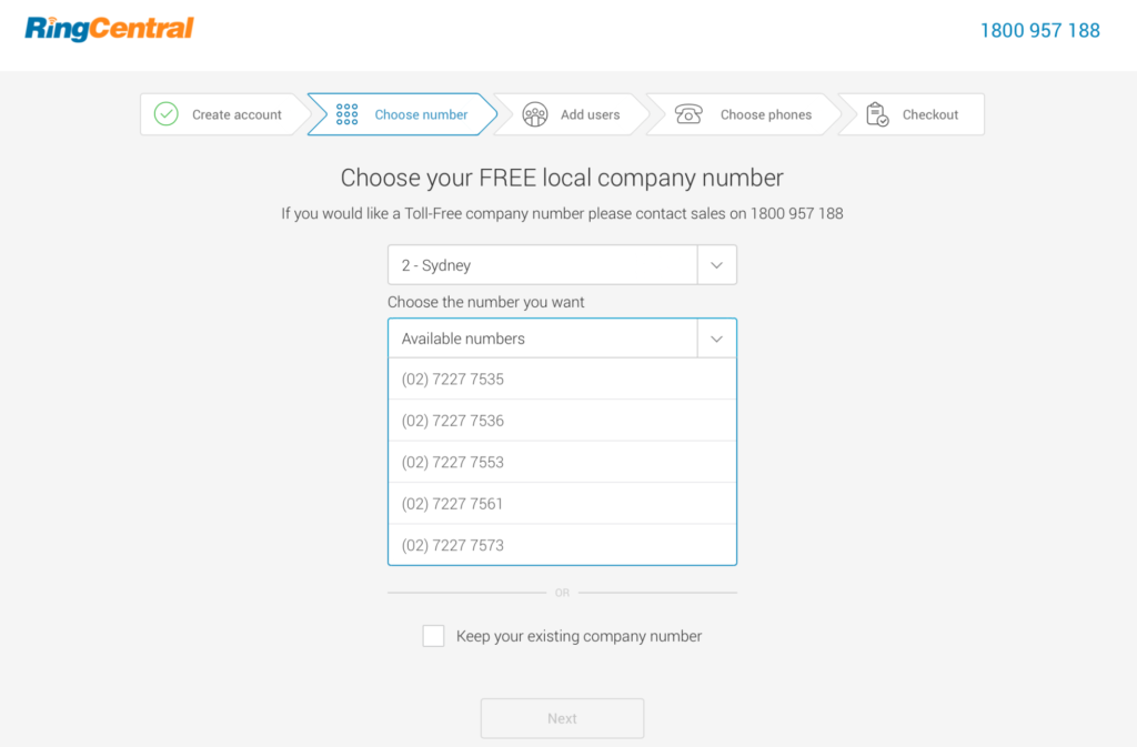 RingCentral free local company number choices example.