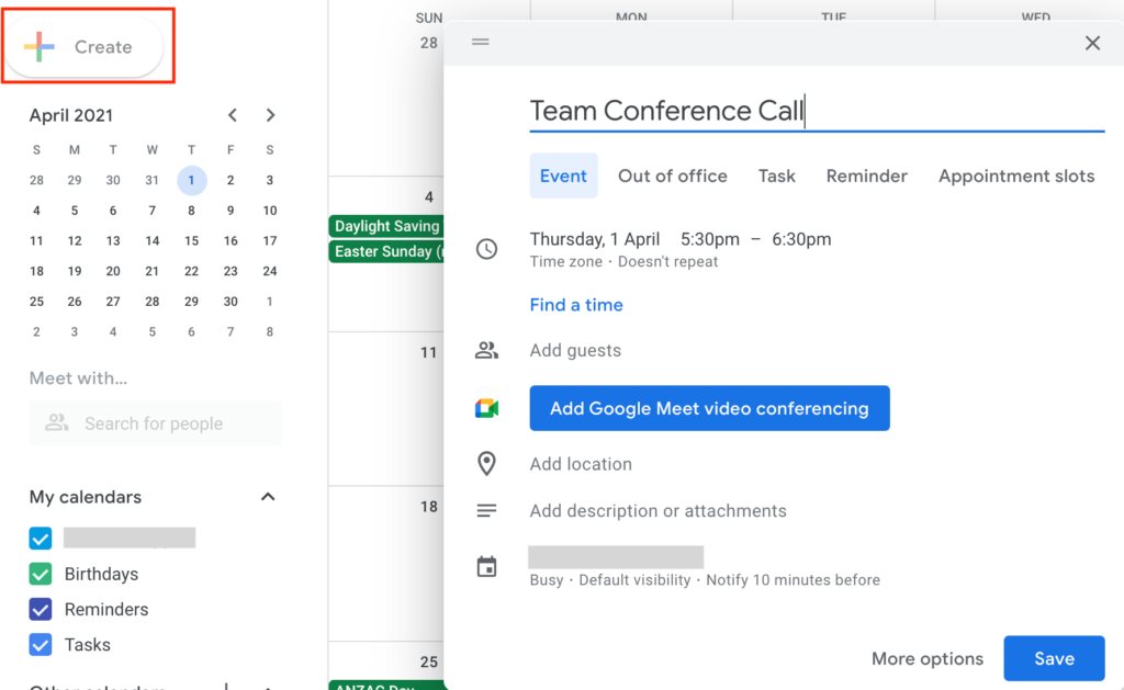 Google calendar linked to RingCentral scheduling a team conference call example.