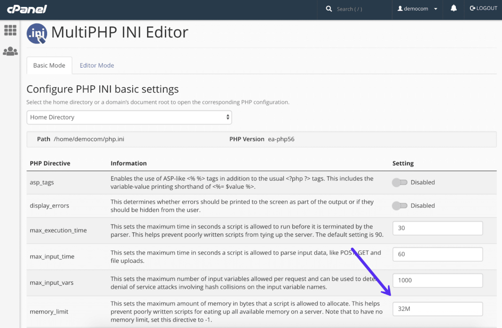 Instructions for Changing the Memory Limit Value Within the cPanel. Login to cPanel, and scroll down to the Software field. Click on MultiPHP INI Editor. Choose your domain from the displayed options, and then search for “memory_limit.” Insert 256M instead of 32M as the value. 