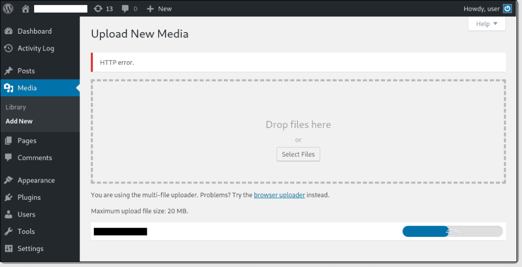 WordPress upload new media screen.