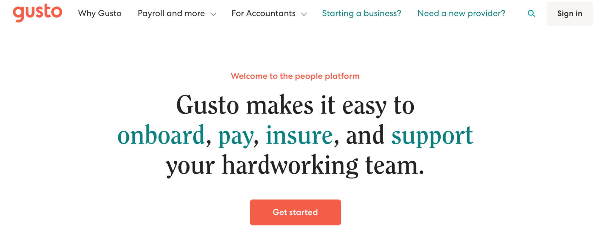 Gusto payroll and HR services solution homepage.