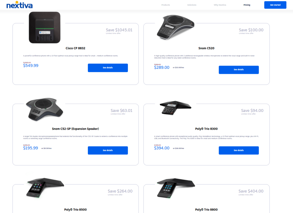 Nextiva conference phones pricing page of different models.