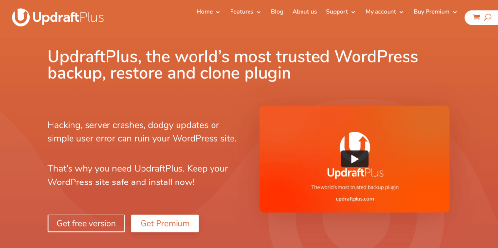 UpdraftPlus WordPress backup, restore, and clone plugin page.
