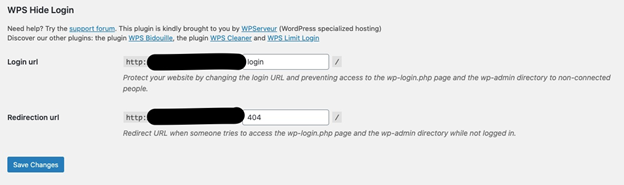 WPS Hide Login screen add your new login URL path in the ‘Login URL’ box with redirection URL