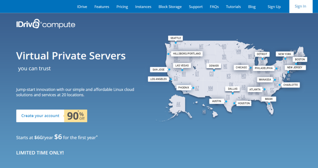 iDrive VPS hosting page.