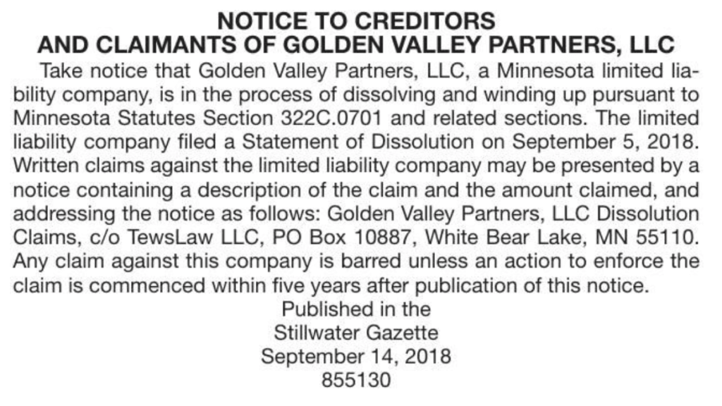 Example of notice to creditors published in paper.