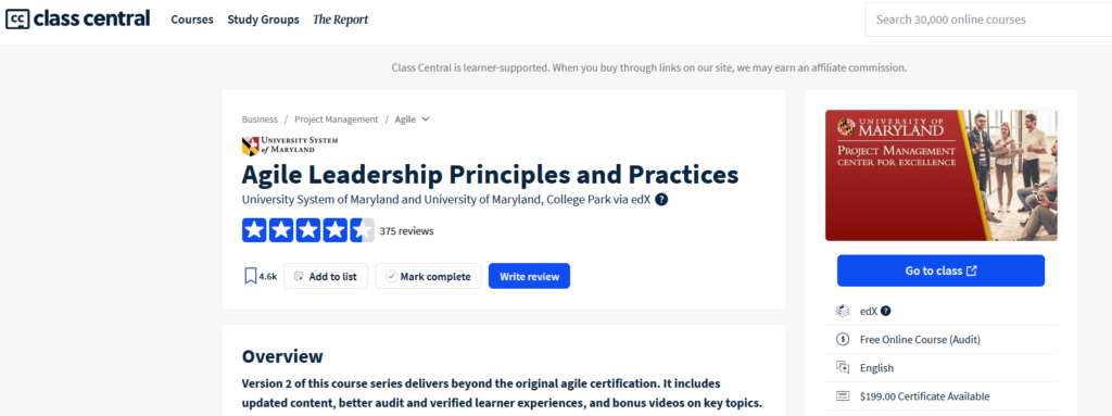 Agile Leadership Principles and Practice by class central leadership course overview and information page.