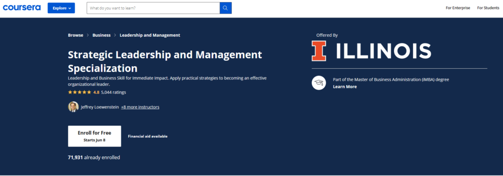Strategic Leadership and Management by Coursera leadership course signup page