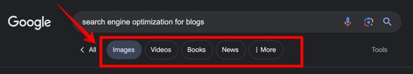 Google search for "search engine optimization for blogs" with red arrow pointing to Images