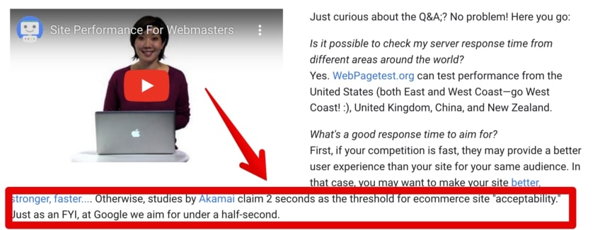 Screenshot from a Google page with a red arrow pointing to a section stating that Google aims for under a half second for acceptable blog loading time