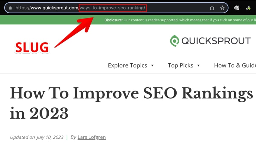 Example of Quick Sprout slug for ways to improve SEO ranking