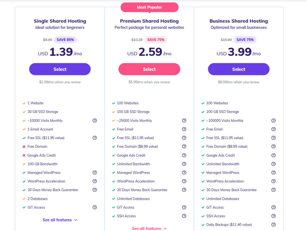 Hostinger pricing page for hosting services.