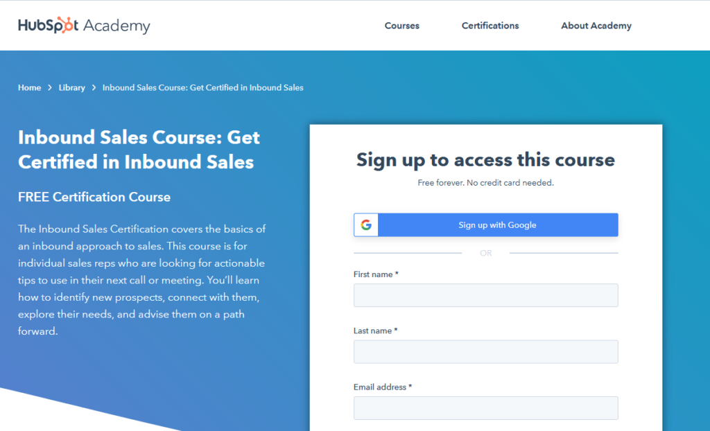 HubSpot Academy inbound sales course: get certified in inbound sales page.