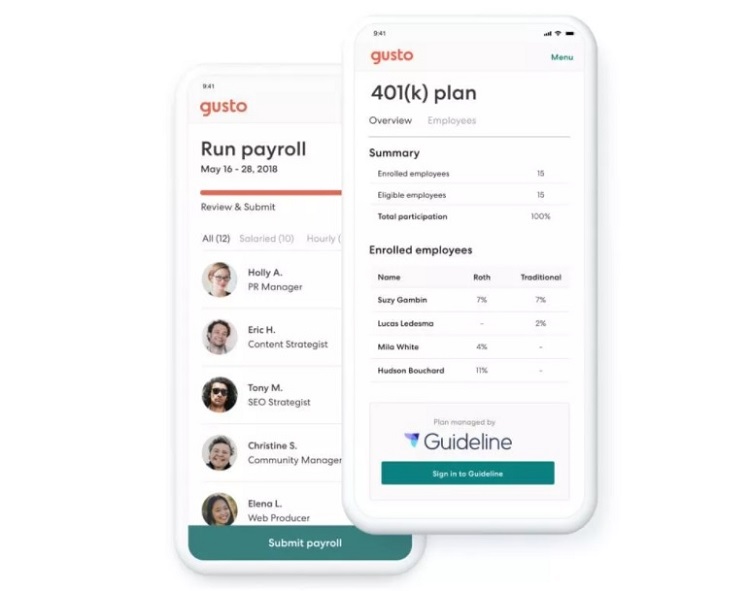 Gusto set up a 401(k) plan - image on two mobile devices.