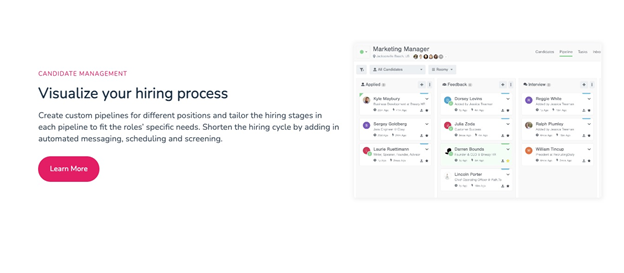 Breezy HR recruiting software visualize your hiring process learn more page.