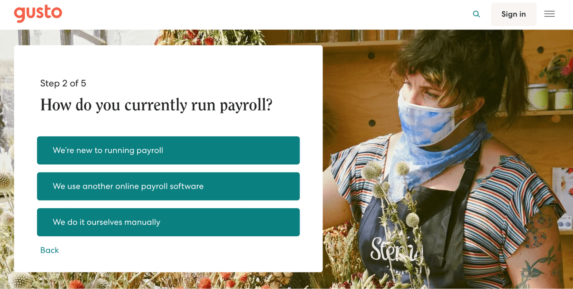 Gusto payroll services page.